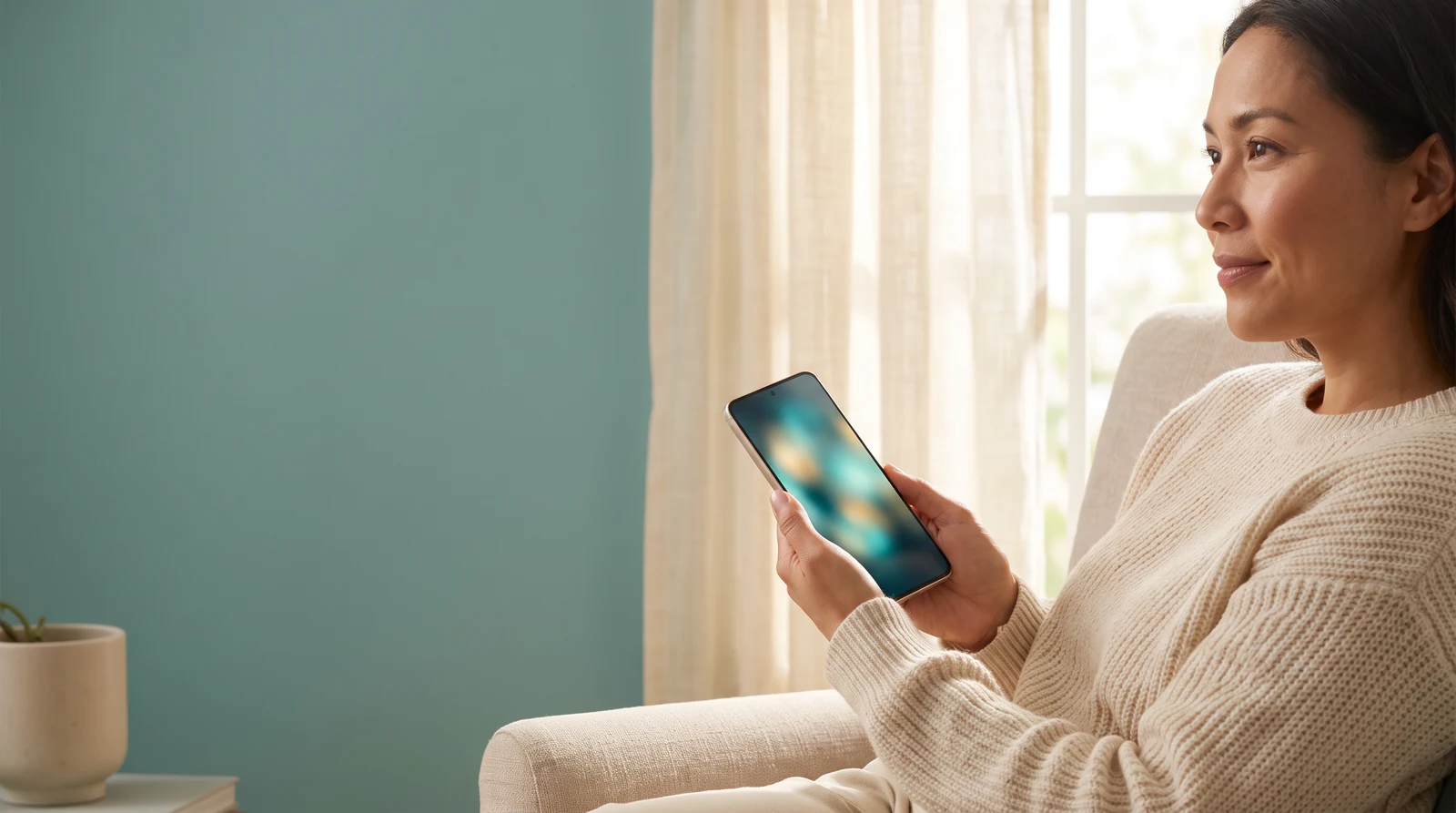 A person considering their phone privacy in a calm workspace